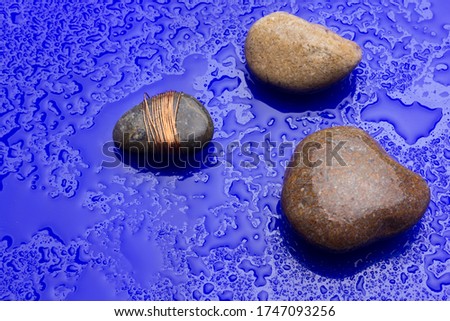 Various minerals, stones composing relaxing forms on backgrounds full of water drops.