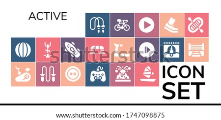 active icon set. 19 filled active icons.  Simple modern icons such as: Jumping rope, Volleyball, Stationary bike, Button, Play, Volcano, Windsurf, Skateboard, Push up, Treadmill