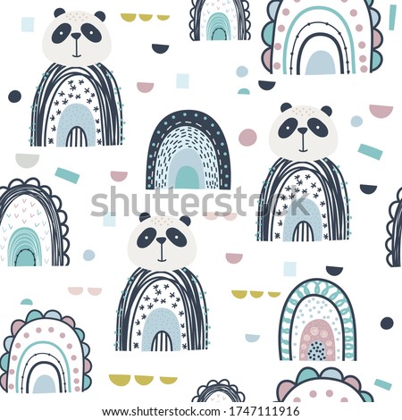 Panda and rainbows hand drawn seamless vector fill. Cute childish drawing. Baby wrapping paper, textile, vector illustration 