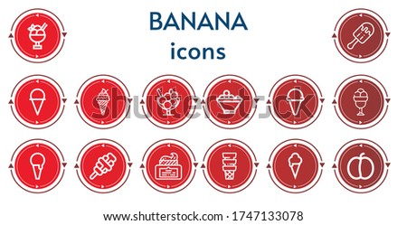 Editable 14 banana icons for web and mobile. Set of banana included icons line Ice cream, Fruit bowl, Cream, Plum