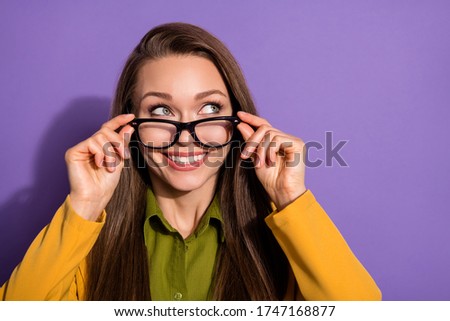 Close up photo of inspired collar marketer look copyspace eyewear eyeglasses think thoughts plan future start-up success wear yellow blazer jacket isolated violet color background