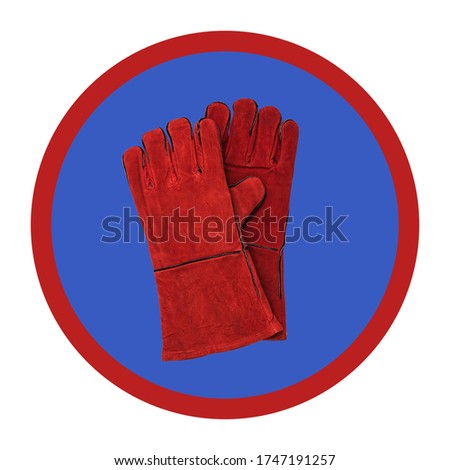 Round welder's glove sign on blue isolated on white background. Protective accessory for welding operations.