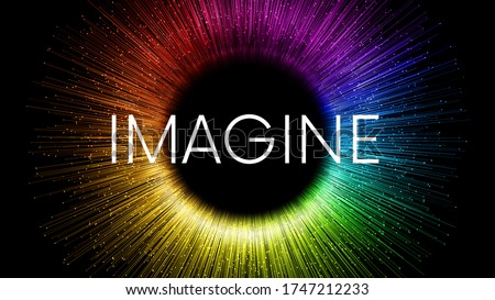 IMAGINE word written on black background with colorful rainbow streaks and glowing sparkling particles. Color explosion circle banner with place for your content Royalty-Free Stock Photo #1747212233