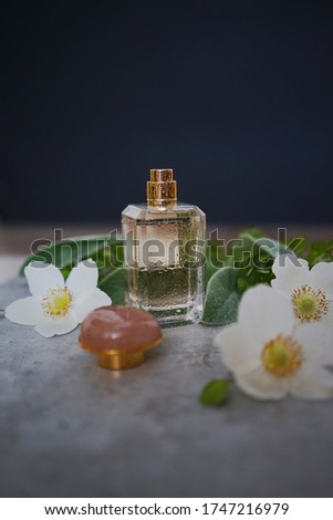    glass perfume bottle with delicate white flowers and greens on a gray background. The concept of a gentle, light summer aroma                              