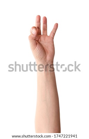 Close up man's hand showing gesture of number 9 in sign language isolated on white background. Sign language numbers
