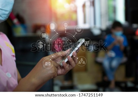women using mobile payments online shopping and icon customer network connection.