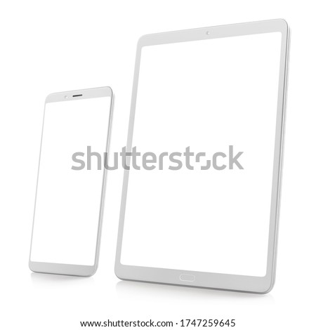 White digital gadgets (phone and tablet), isolated on white background
