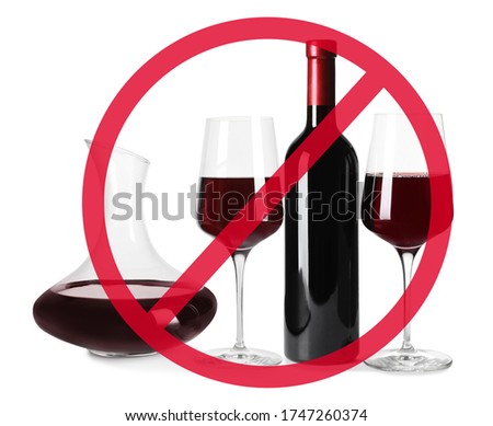 Set of different alcohol drinks and STOP sign on white background