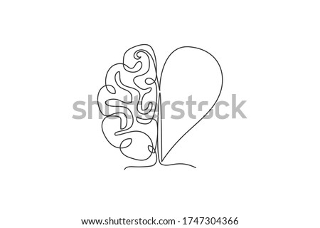 One continuous line drawing of half human brain and love heart shape logo icon. Psychological split affection logotype symbol template concept. Trendy single line draw design vector illustration