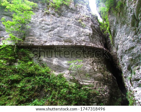 Wooden walkway leading into a narrow cave passage, next to a vertical rock wall at Pokljuka gorge in Gorenjska, Slovenia Royalty-Free Stock Photo #1747318496