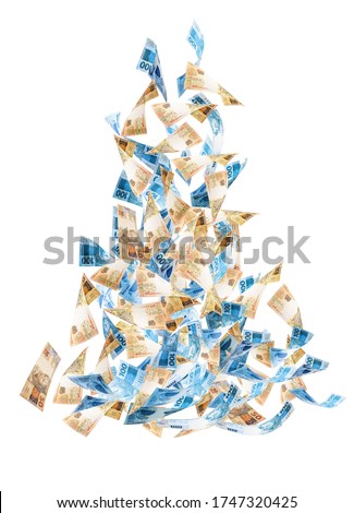 50 and 100 reais banknotes falling, money from brazil on isolated white background. One hundred and fifty dollar bills flying, concept of fortune, wealth, grand prize or lottery