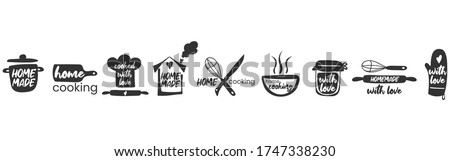 Set of hand drawn simple kitchen phrases - homemade,with love, home cooking, cooked with love. Badges, labels and logo elements, retro symbols for bakery shop, cooking club, cafe, or home cooking. Royalty-Free Stock Photo #1747338230