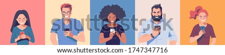 Diverse group of people with smartphones. Men and women holding mobile phone in hands. Online communication concept banner. Vector character illustration.