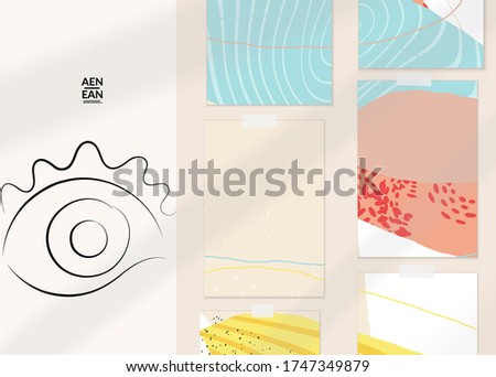 Continuous linear abstract face drawing on abstract background. Contemporary composition. Modern art, print or poster mock up with shadow overlay. Natural color textured with spots and lines.