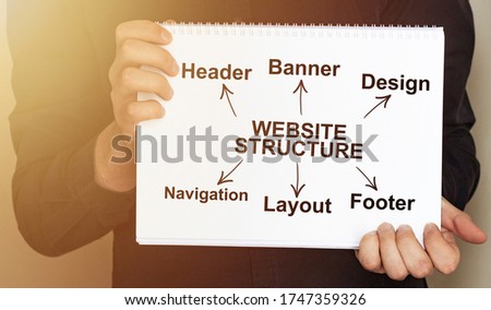 Man holding brochure with WEBSITE STRUCTURE text on grey background. Mock up for design
