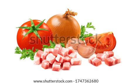 Amatriciana sauce ingredients. Tomato, onion, garlic, red hot chilli pepper and Italian bacon isolated on white background. Package design element with clipping path