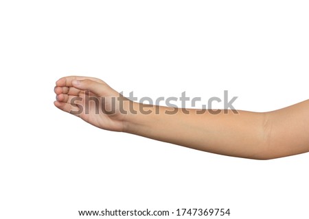 Kid hand show holding something like a bottle isolated on white background. Clipping path included Royalty-Free Stock Photo #1747369754