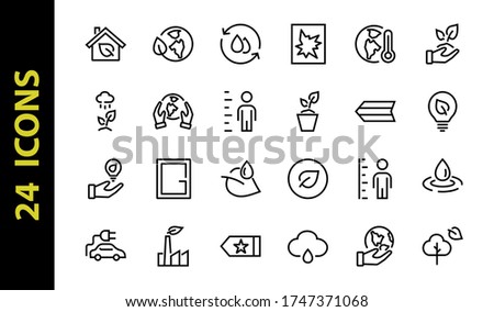 The set of ECOLOGY icons, vector lines, contains such icons as an electric car, global warming, forest, eco, watering plants, a plant and much more. Editable stroke, white background.