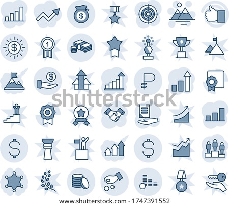 Blue tint and shade editable vector line icon set - mountains vector, handshake, growth statistic, pedestal, document, finger up, sertificate, dollar sign, ruble, coin, cash, sun, money bag, target