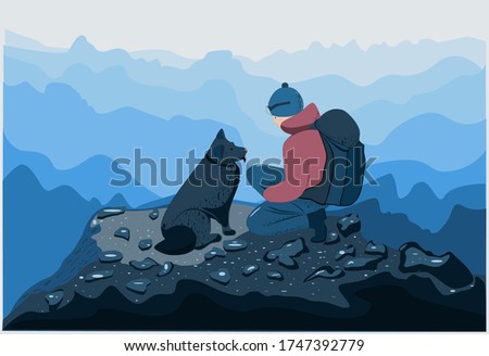 Vector illustration of person man or woman and a dog climbed to the top of the mountain, look at each other with love and admire the beautiful landscape of the mountains of Norway.