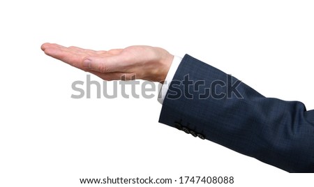 Dressed in a business suit man hand gesture of asking for the help isolated on white background