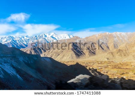 Mountains shades of Ladakh, India - In Ladakh you can see white snow mountains and barren rocky mountains be it is a winter or summer season. Peak views of Himalayan range in Ladakh in India. - Image