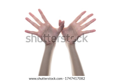 Woman hand shaped bird fly on white isolated background.