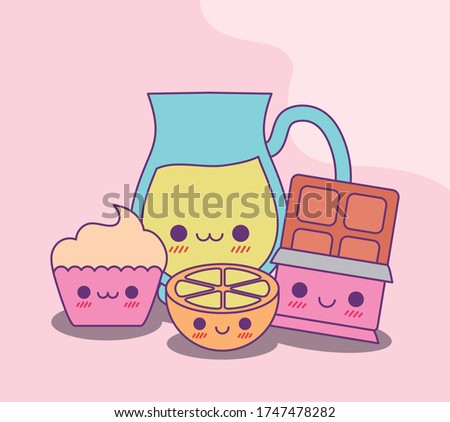 juice jar lemon cupcake and chocolate design, Kawaii food cute character emoticon theme Vector illustration