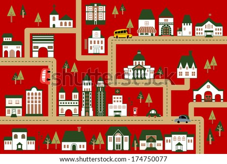 City illustration in Christmas colors/City map with a variety of buildings, grocery shop,school,hospital,house,city hall,church, etc.