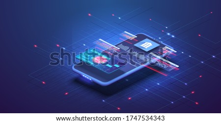 Online banking app landing page. Smart wallet concept with credit, debit card payment application. Gadget of the future, smartphone tech payment. Flat Isometric vector illustration. E-payment screen Royalty-Free Stock Photo #1747534343