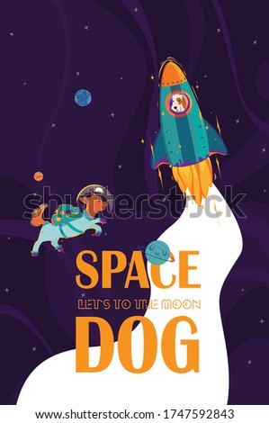 Two Dogs astronauts - one in spacesuit and 2nd in the rocket floating in outer space. 
