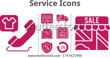 service icons set. included online shop, 24-hours, shop, phone call, warranty, delivery truck, barcode icons. filled styles.