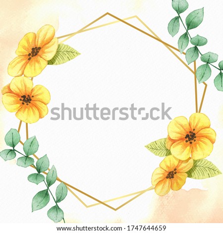 Golden hexagon frame decorated with yellow flowers and leaves. Hand drawn watercolor style.