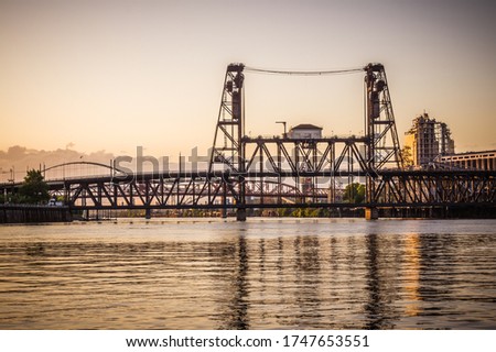 Steel Bridge over the Willamette River in Portland, Oregon at Dusk