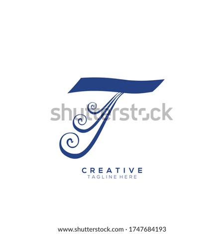 Text Initial T Letter Blue Monogram Leaf Shape Ornament Logo