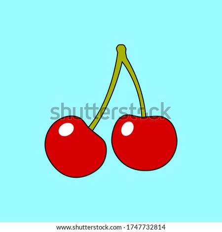 Red cherry. Illustration of a brunch of fresh ripe cherries. A pair of red berries. Isolated on white. Vector file is EPS10, all elements are grouped.