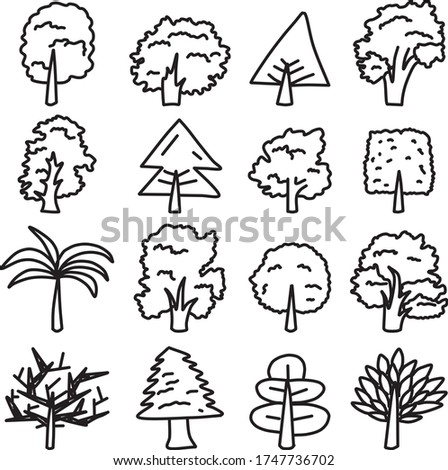 A Set of trees template icons suitable for sport, holiday, romance, vacation, nature, outdoor and aerospace content with doodle cartoon style