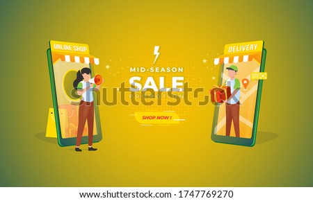 Illustration of online shop and delivery with mid-season sale concept for e-commerce promotion banners