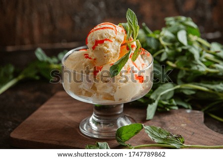 Delicious ice cream with strawberry mint milk
