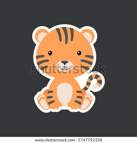 Sticker of cute baby tiger sitting. Adorable jungle animal character for design of album, scrapbook, card, poster, invitation. Flat cartoon colorful vector illustration.