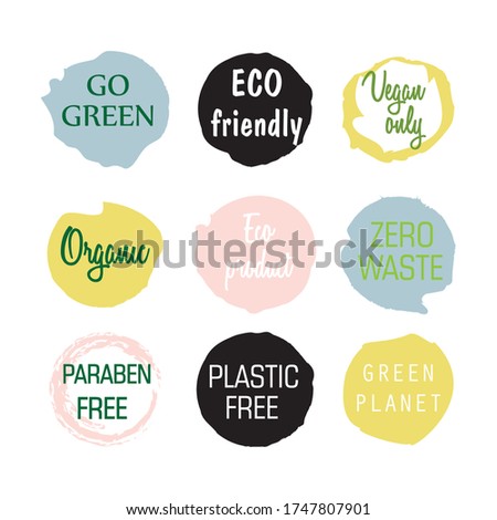 Vector set of eco, bio green logo, sticker, sign. Organic design template. Concept icon with green abstract stain. Earth Day logos
