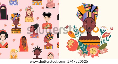 Women of the world. Women of different nationalities. Seamless pattern. Vector illustration. 