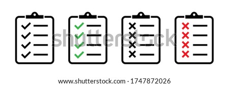 Clipboard vector icons isolated. Task done sign.  Green check mark icons symbol.Tick symbol. Red cross tick. EPS 10