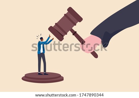 Social inequality, discrimination, injustice and unfairness for black people or racism on people of color concept, judge using huge justice hammer to punish small black people or African American man. Royalty-Free Stock Photo #1747890344