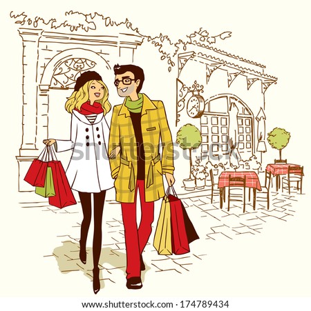couple walking by cafe