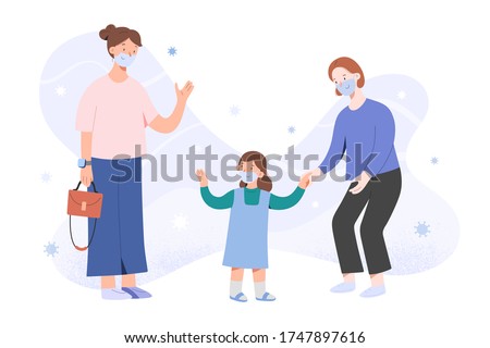 Mother taking child to kindergarten after coronavirus pandemic, waving goodbye, girl and nanny in face masks, children go back to school after covid concept, vector flat cartoon characters