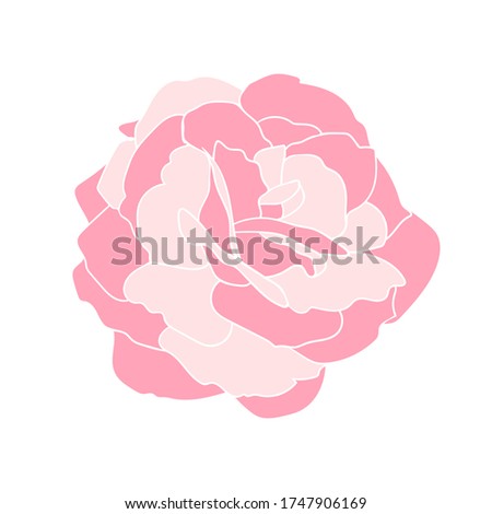  Gentle pink rose flower with white outline. Hand drawn floral clip art for postcards or logo. Design for stickers. Stock vector illustration isolated on white background.