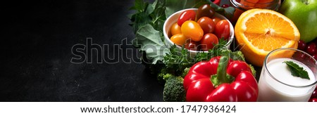 Diabetes and Cholesterol control diet and healthy eating nutrition concept, World diabetes day concept . Panorama, banner with copy space. Foods on black background