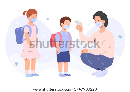 Measuring temperature in kindergarten, children standing in row, back to school concept, schooling after coronavirus pandemic, nanny measuring temperature with non-contact thermometer, characters