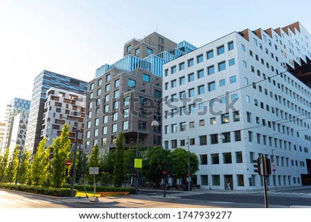 Modern buildings in a downtown area of Oslo on a sunny summer day. Royalty-Free Stock Photo #1747939277
